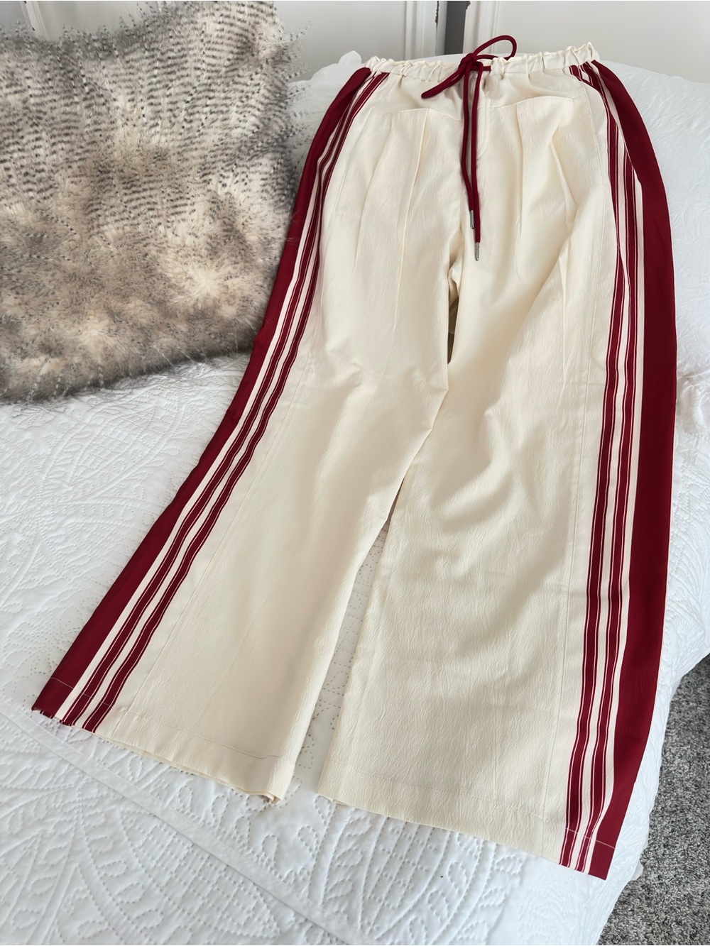 Cream Wide-Leg Track Pants with Burgundy Side Stripes